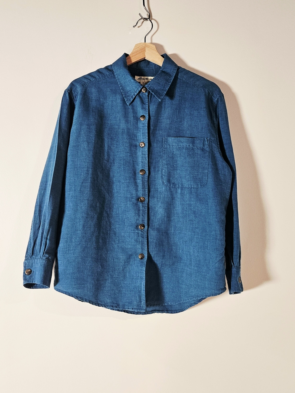 Vintage Eddie Bauer Linen Blend Teal Blue Button-Front Shirt Petite Medium